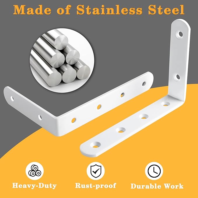 Alise Floating Shelf Brackets,White Bracket for Shelves Heavy Duty L Bracket Corner Brace,Stainless Steel Joint Angle Brace for Wooden Board Hanging Support,6x4 Inch(Pack of 4)