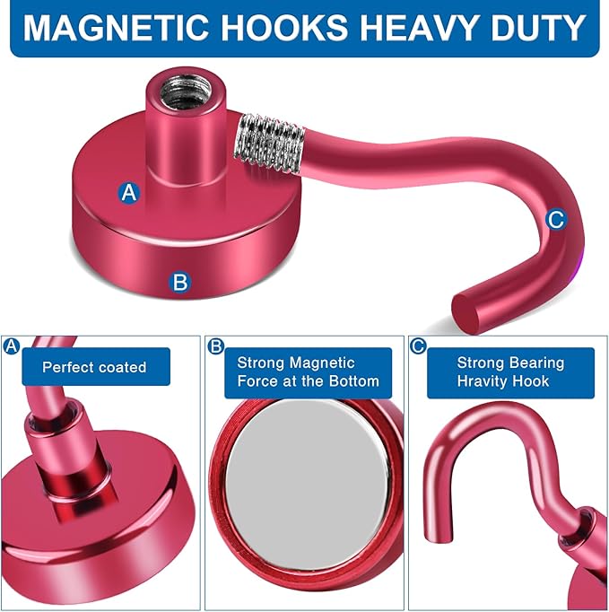 LOVIMAG Cruise Ship Essentials, 150Lbs Magnetic Hooks Heavy Duty, Red Magnet Hooks for Cruise Cabins, Strong Magnetic Hook for Hanging-12 Pack