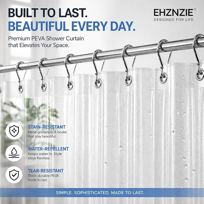 EHZNZIE White Shower Curtain Liner 72x72, PEVA Waterproof Bath Curtain, No Chemical Smell, 3 Weighted Magnets, Durable with Rustproof Metal Grommets