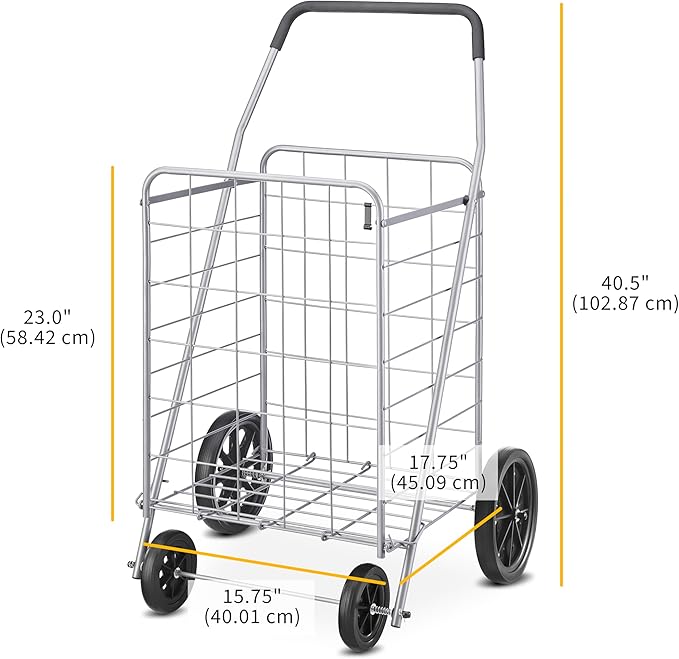 Whitmor Deluxe Utility Foldable Shopping Cart with Wheels, 100 Lb Capacity, Heavy Duty Grocery Cart with Steel Frame, Foam Handle, Rolling Folding Utility Trolley for Grocery, Laundry, Travel, Gray