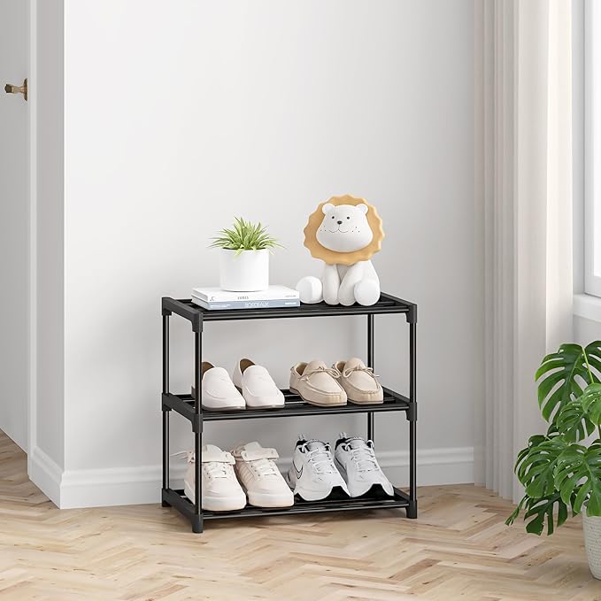 3 Tier Small Shoe Rack, Narrow Stackable Shoe Shelf for Kids Toddler Adult, Lightweight Shoe Rack Stand for Closet Dorm Storage Organizer, Front Door Entrance, Entryway
