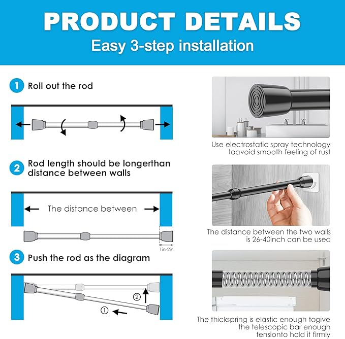 3Pcs Tension Curtain Rod 26-39 inch Spring Tension Rod, Black Tension Rod Adjustable Curtain Rod, Small Tension Rod Curtain Tension Rod for Kitchen, Bathroom, Window, Bookshelf,Closet.