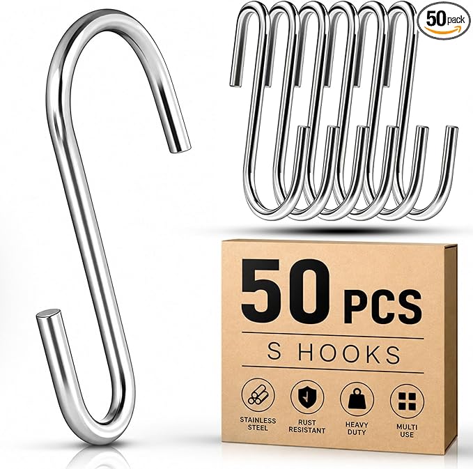 50 Pack 2.4 Inch Heavy Duty Stainless Steel S Hooks - S Shaped Metal Hanging Hooks for Kitchen Pots, Pans, Utensils, Jeans, Clothes, Bags, Hats, Towels, Plants, Wire Shelves & Racks