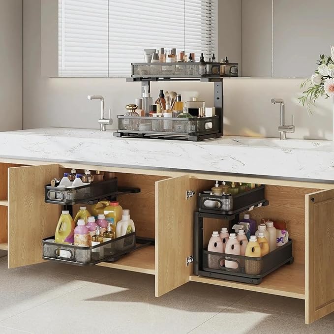 1 Pack 15.7IN-Depth Under Sink Organizer With Smooth Cylindrical Rail,2-Tier Pull Out Multi-Purpose Cabinet Storage for Bathroom&Kitchen,Height Adjustable,Rust-resistant Coating-Black