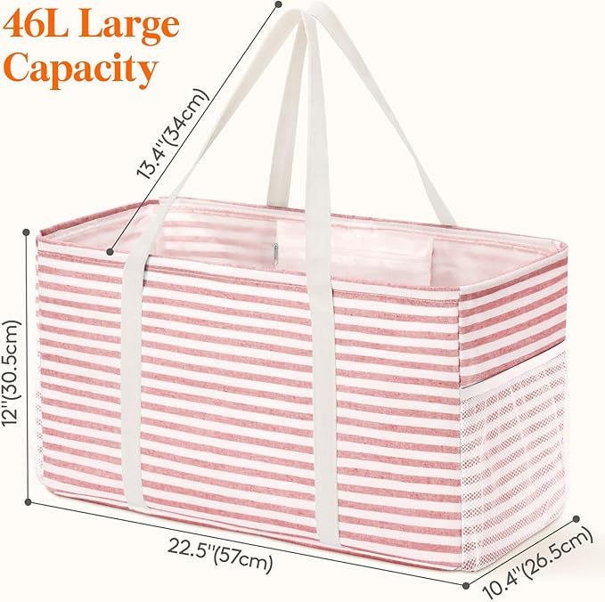 Lifewit Extra Large Tote Bag, Reusable Grocery Bags with Metal Wire Frame and Handles, Standing Utility Foldable Shopping Bags for Storage, Picnics, Beach, Laundry, Car, 46L, 2 Pack, Pink and Blue