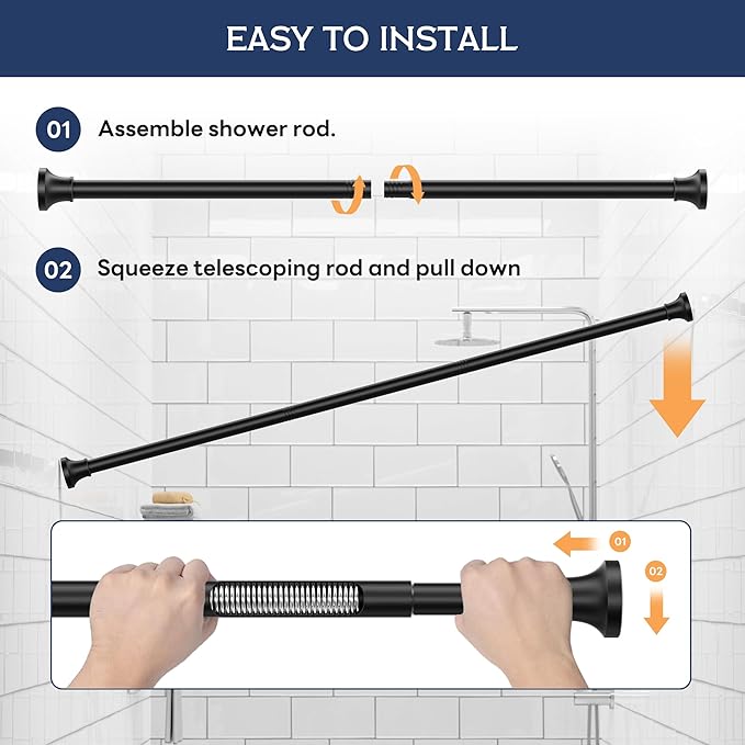 Adjustable Shower Curtain Rod 31-80 Inch, Never Rust Stainless Steel Black Tension Rod, 1" Heavy Duty No-Drill for Bathroom, Kitchen & Closet