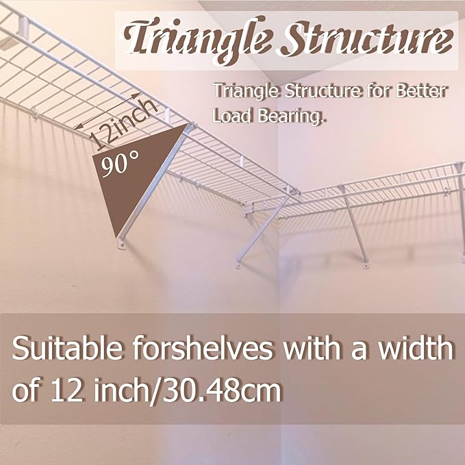 4PCS 12 Inch Wire Shelf Brackets, Heavy Duty Wire Shelving Support Brackets, Closet Rack Support with End Brackets & Clips, Closet Wire Shelf Support Brackets for Laundry, Closet, Garage