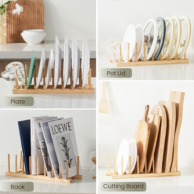 4 Pack Bamboo Wooden Dish Rack-Plate Pot Lid Cutting Board Organizer Holder Rack for Cabinet-Kitchen Cabinet Organizer for Dish, Pots, Lids, Bowls, Bottles, Books, and Puzzle