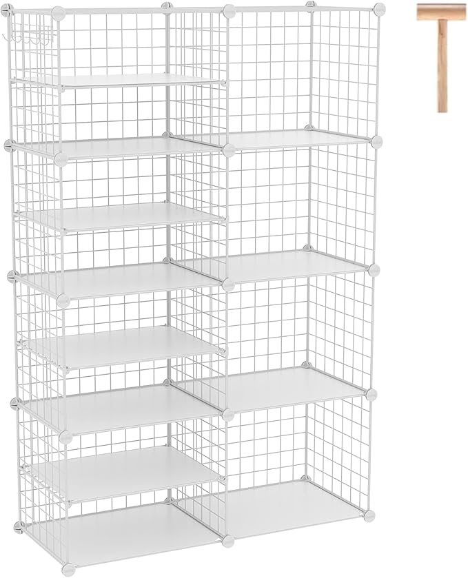 C&AHOME Wire Cube Storage Unit, Interlocking Metal Wire Organizer with Divider Design, Modular Cabinet with Plastic Panels, Bookshelf Stackable Closet Organizer with Small Hooks, White UWCSIM08W