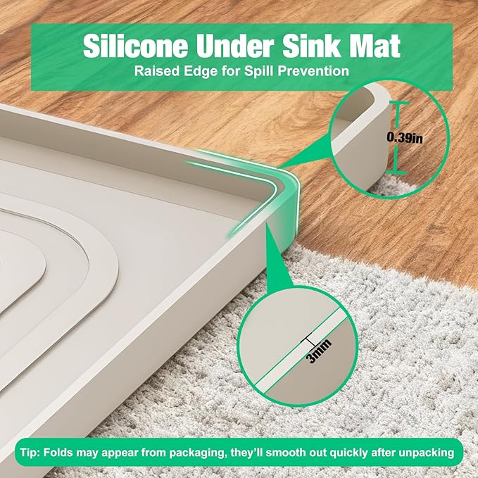 Aisslro Under Sink Mat 22" X 19", Waterproof Silicone Cabinet Protector with Raised Edge, Kitchen & Bathroom Leak Tray, Shelf Liner & Pet Feeding Mat for Dog Cat Food Mats, Beige