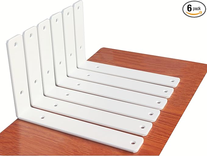 6 Pack - L 9" x H 6" x W1.5, 5mm Thick White L Shelf Bracket, Iron Shelf Brackets, Metal Shelf Brackets, Floating Shelf, Shelf Supports with Screws