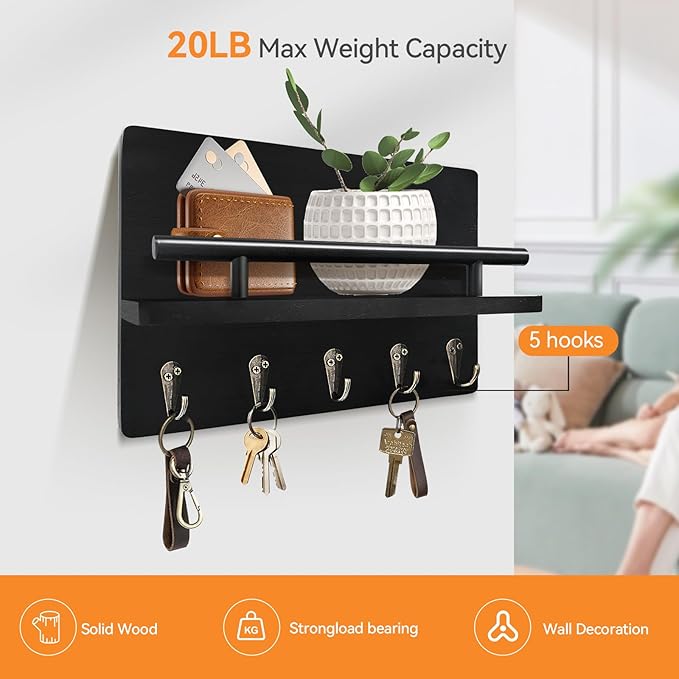 Key Holder Wall Mount, Decorative Key Rack with Shelf & 5 Sturdy Hooks, Rustic Key Hooks for Wall for Mail Organizer Hanging Dog Leash, Glasses, Wooden Key Hanger with Mounting Hardware