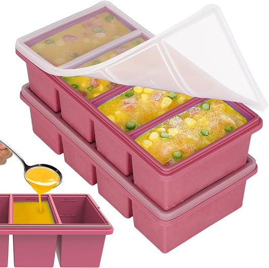 1 cup Silicone Freezer Trays with Lids, Soup Container Style Ice Cube Trays, Easily prepare portioned meals, Ideal for storing soups, pasta, sauces, and leftovers; dishwasher oven safe - 2-pack