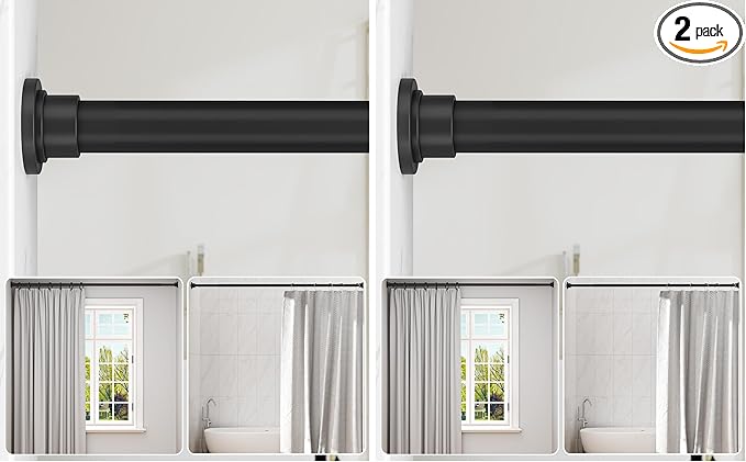 ALLZONE Heavy Duty Tension Shower Curtain Rod 42-83 Inches for Bathroom, Window, Non-Slip, Adjustable with Strong Spring Pole for Closet, Doorway, No Rust, No Drilling, Black (Pack of 2)