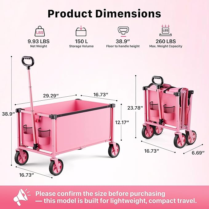 29.3" Collapsible Wagon Cart, 150L Heavy Duty Folding Utility Wagon with Wheels, 260 lbs Load, Portable Rolling Cart for Garden, Shopping, Sports, Camping, Pink