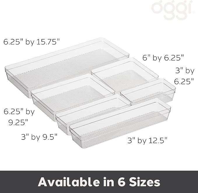 Oggi Clear Drawer Organizer - 3" X 9.5" - Ideal for Organizing Kitchen Drawers, Office, Desk, Silverware, Kitchen Utensils, Cosmetics and Bathrooms