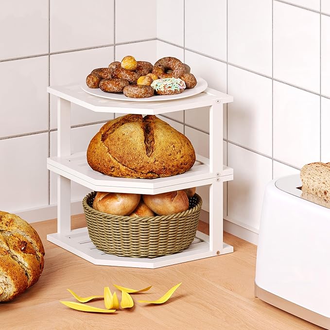 Bamboo Corner Shelf(2 Pack),2 Tier Plate Organizer for Cabinet and Countertop,Pantry Dish and Spice Rack for Kitchen(White)