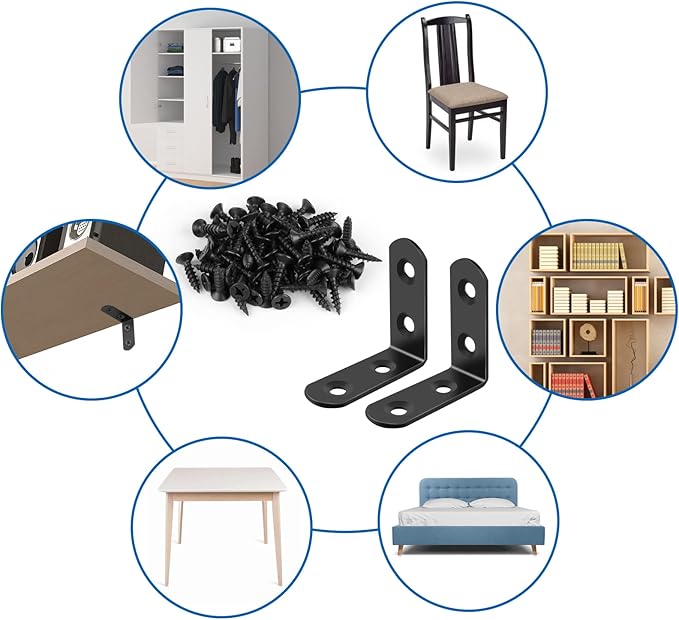16 Pcs L Bracket Stainless Steel Corner Brace Sets, 90 Degree Right Angle Bracket with 64 Pcs Screws, L Bracket Firmware Can Be Used for Wooden Shelves, Chairs, Tables, Dressers, Furniture (Black)