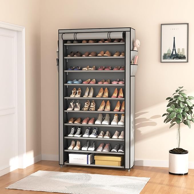 ROJASOP Shoe Rack with Covers, Stackable 10 Tier Tall Shoe Shelf Storage 50-55 Pairs Shoes and Boots Large Capacity Vertical Shoe Rack Organizer for Closet Entryway Garage Bedroom, Grey