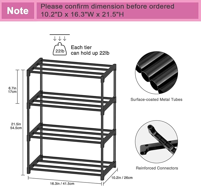 4 Tier Small Shoe Rack, Narrow Stackable Shoe Shelf for Kids Toddler Adult, Lightweight Shoe Rack Stand for Closet Dorm Storage Organizer, Front Door Entrance, Entryway