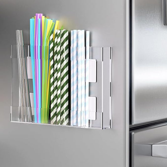 Magnetic Acrylic Straw Holder for Fridge - 5 Slot Sturdy Kitchen Organizer, Adhesive-Free Refrigerator Storage for Metal, Glass, Silicone Straws & Utensils (Clear-Magnetic Type-5C)