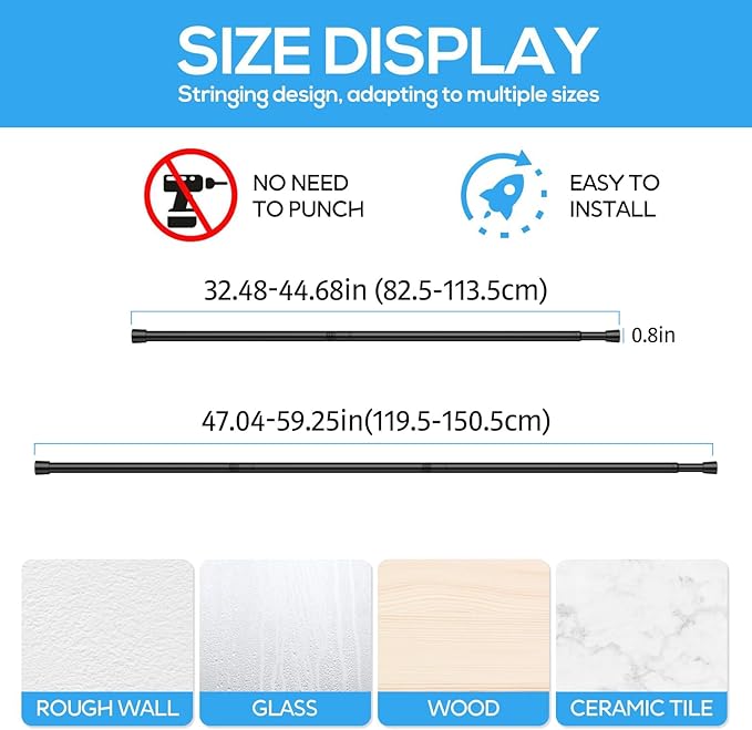 1 Pack Spring Tension Rods 33-59 Inches, 5/8 Inch Diameter Black No Drill Spring Loaded Adjustable Extendable, Small Short Tension Curtain Rod for Windows Kitchen Doorway Closet Cupboard