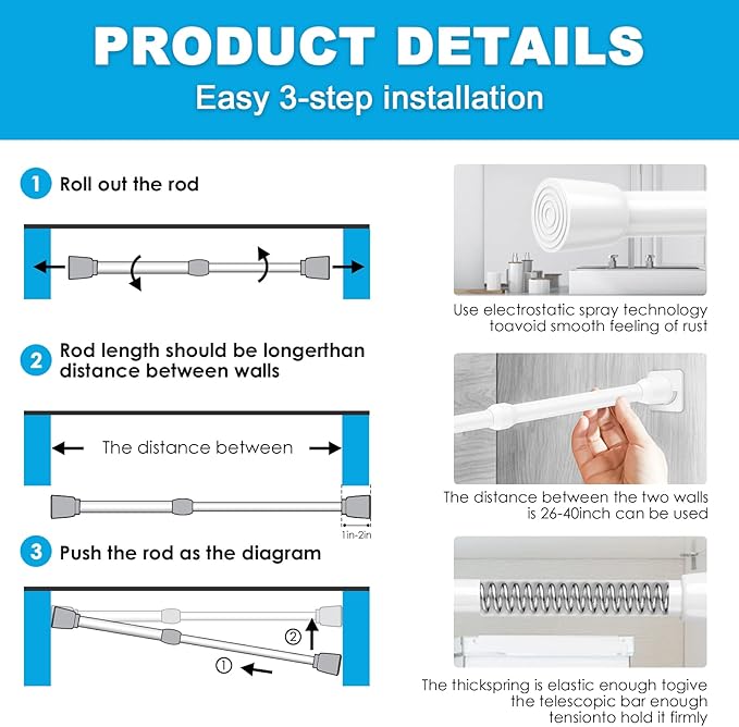 2Pack Tension Curtain Rod 26-39 inch Spring Tension Curtain Rod White Adjustable Spring Rod Extendable Tension Rod for Kitchen, Bathroom, Window, Bookshelf,Closet.