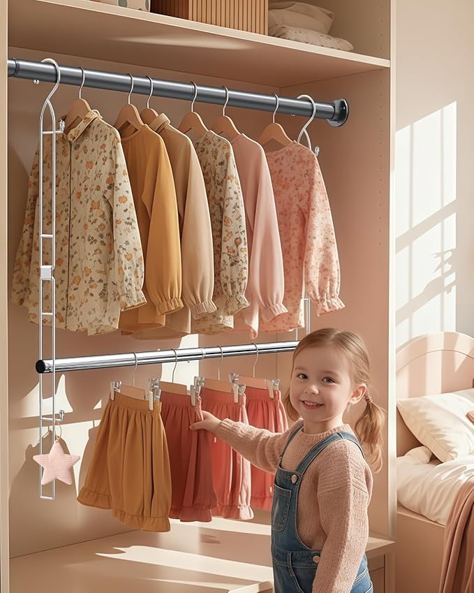 Hanging Closet Rod Stainless Steel, 1 Pack Adjustable Height & Width Closet Rod Extender, Space-Saving Closet Hanging Storage Organizer，Load up to 88LB