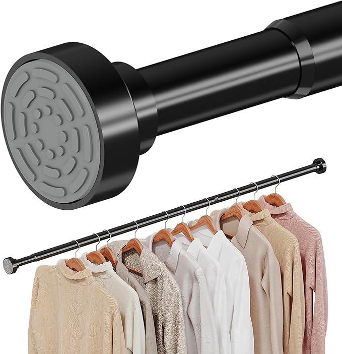 Supforce No Drilling Closet Rods for Hanging Clothes, Non Slip Tension Rod with Heavy Duty Clothes Hanging Rod, 17-39 Inches Adjustable Spring Closet Rod for Closet Wardrobe Bathroom Laundry RV, Black