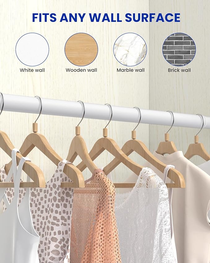 Closet Rods for Hanging Clothes, 17 to 129 Inches Stepless Adjustable Metal Closet Rod, 1.3 Inches Heavy Duty Clothes Hanging Rod for Closet Wardrobes Laundry RV, White