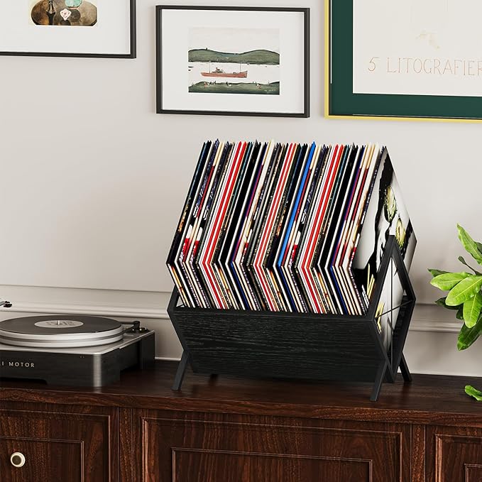 YINMIT Vinyl Record Holder - 80-100 LP Vinyl Record Storage Rack, Quick Assembly Display, Retro Style Organizer for Magazine, Book, Files, Albums (Black, 1 Tier)