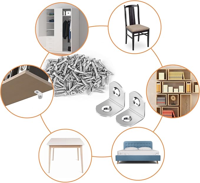 40 Pcs L Bracket Stainless Steel Corner Brace Sets, 90 Degree Right Angle Brackets with 80 Pcs Screws, L Bracket Firmware for Wooden Shelves, Chairs, Tables, Dressers, Furniture (Silver)