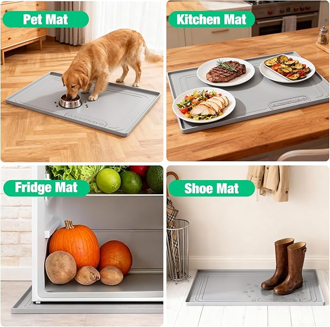 Aisslro Under Sink Mat 22" X 19", Waterproof Silicone Cabinet Protector with Raised Edge, Kitchen & Bathroom Leak Tray, Shelf Liner & Pet Feeding Mat for Dog Cat Food Mats, Light Gray