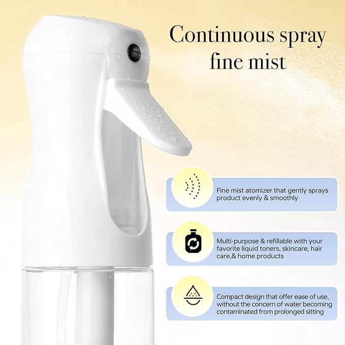 3Pcs Continuous Spray Bottles For Hair,Ultra Fine Mister for Hair Styling, Plants, Cleaning, Salon, Misting & Skin Care (200ml Clear*3)