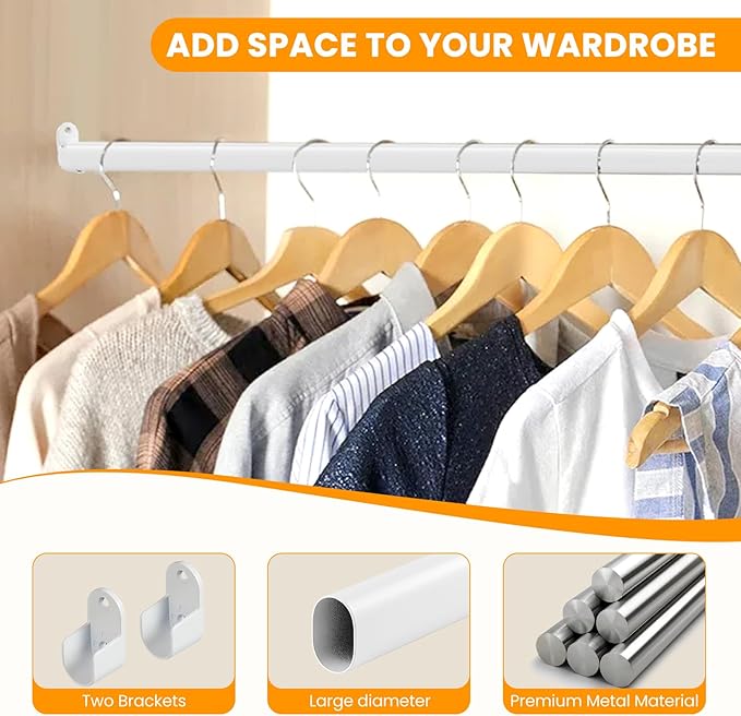 Oval Closet Rod for Hanging Clothes 18 to 40 Inch Adjustable Closet Rods 1 inch Diameter With End Supports White Poles Bar Closet Rod Expandable for Wardrobes