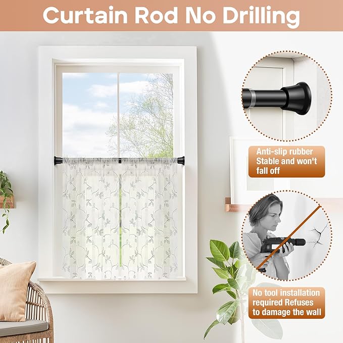 2 Pack Black Spring Tension Curtain Rods 23-46 Inch Adjustable Expandable Spring Loaded Curtain Rods No Drilling Suitable for Small Short Tension Rods 23-34 Inch Doors, Windows, Closet