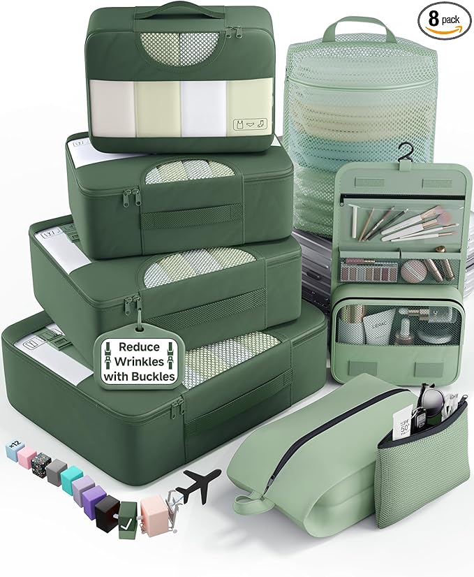 Veken 8 Set Packing Cubes for Travel Essentials, Suitcase Organizer Bags in 4 Sizes, Carry-On Luggage Accessories with Large Laundry & Shoes Bag, Must-Have for Airplane, Road Trip & Camping