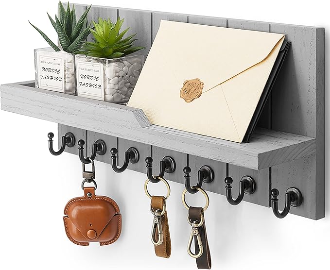 Rebee Vision Decorative Key and Mail Holder for Wall - Farmhouse 15 Inches Floating Shelf with 7 Sturdy Key Hooks for Home Entryway Wall Decor - Rustic Key Racks (Gray,15-inch)