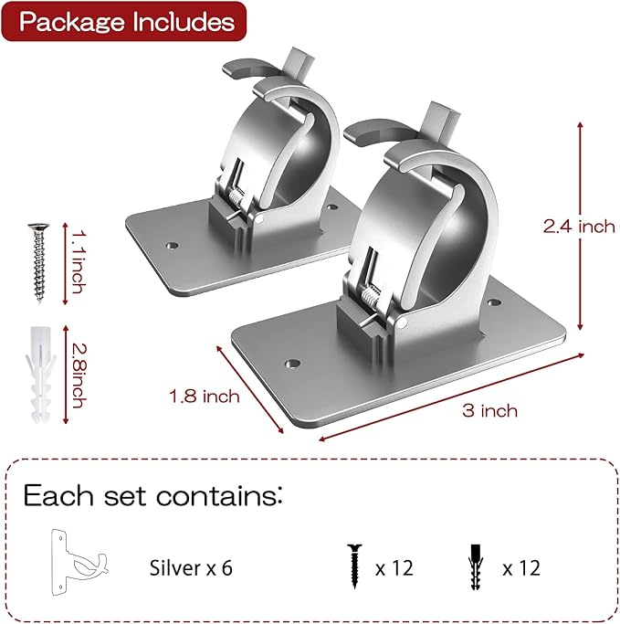 6PCS No Drill Curtain Brackets, Self-Adhesive Rod Holders, Universal Plastic Nail Free Adjustable, Curtain Hooks for Rods Less Than 1.57 Inch Diameter (Sliver)