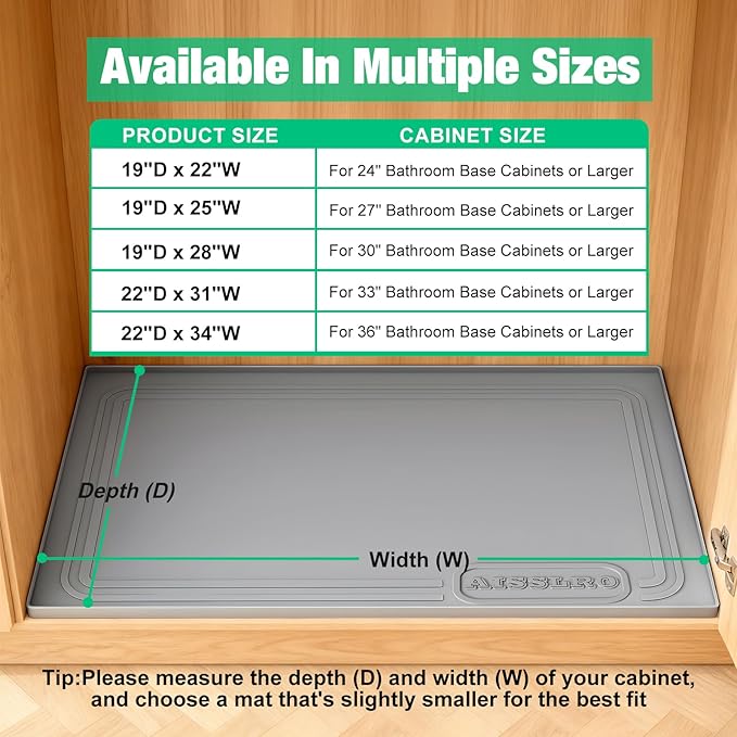 Aisslro Under Sink Mat 25" X 19", Waterproof Silicone Under Sink Mats for Kitchen, Anti-Leak Shelf Liner & Cabinet Protector with Raised Edge, [BPA Free] Bathroom Tray Home Organizer, Gray