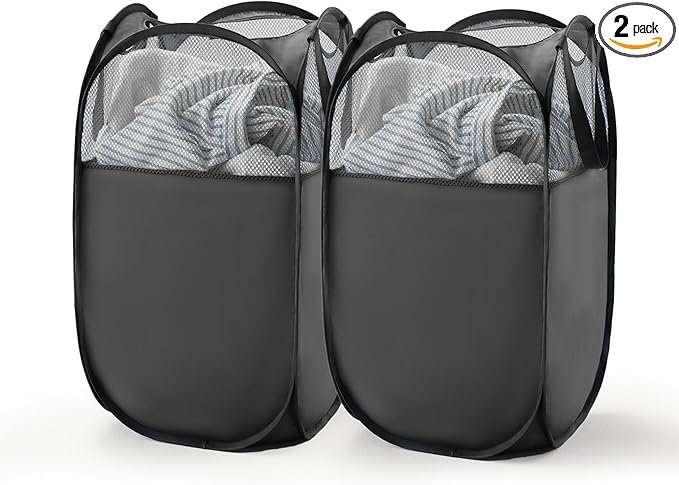 TECHMILLY Pop Up Foldable Laundry Basket, Mesh Laundry Hamper with Reinforced Handles for Dirty Clothes Storage in Dorm, Laundry Room, Bathroom, Black(Fabric), 2 Pack