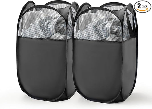 TECHMILLY Pop Up Foldable Laundry Basket, Mesh Laundry Hamper with Reinforced Handles for Dirty Clothes Storage in Dorm, Laundry Room, Bathroom, Black(Fabric), 2 Pack