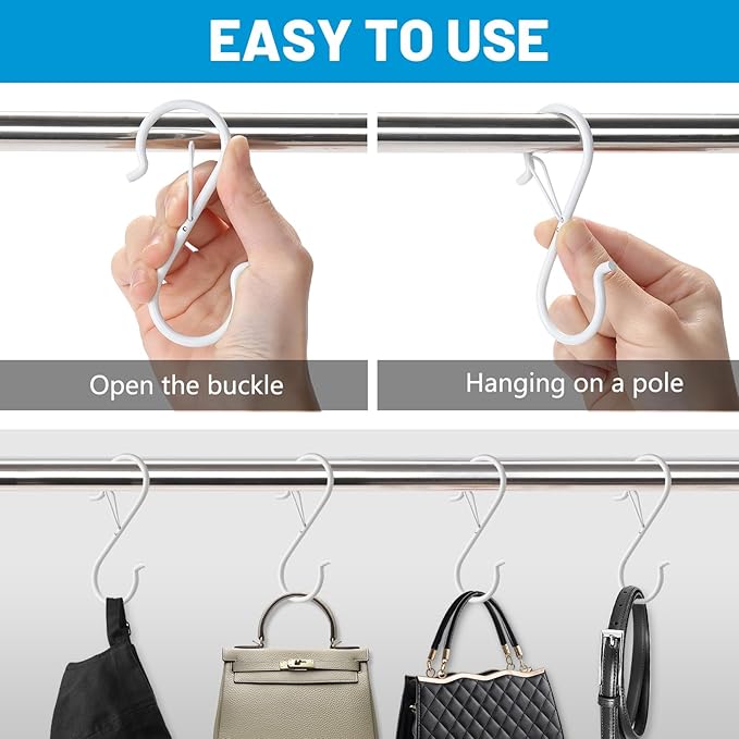 17 Pcs S Hooks for Hanging Safety Buckle, 3.5 Inch Stainless Steel S Shaped Locking Hooks for Colleague Dorm, Kitchen, Plants Pots Towels Bags, White