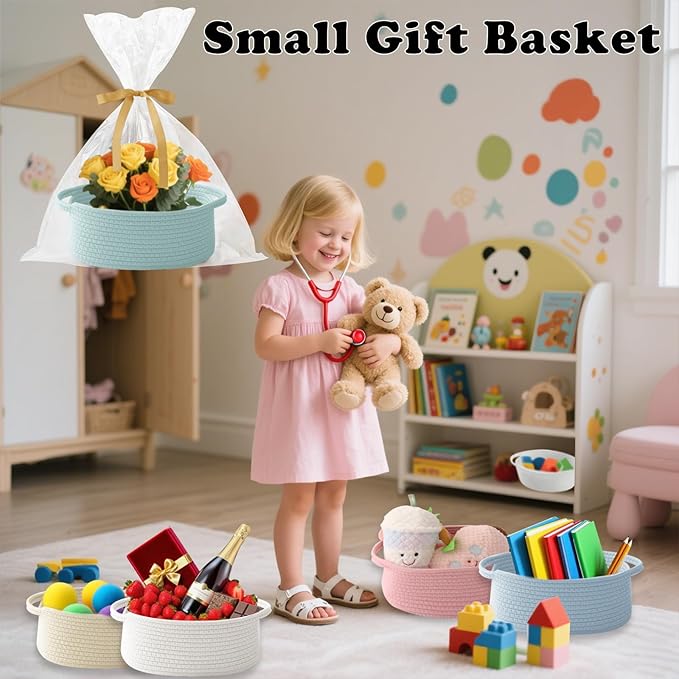 Small Woven Rope Basket-Empty Gifts Basket with Bag and Ribbons,Cute Handle Organizer Box for Birthday/Baby Shower, Toy Storage, Nursery Organizing & Shelf Decor(Aqua)