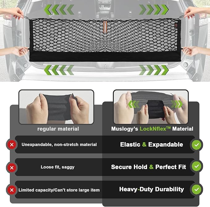 Muslogy Truck Bed Cargo Net Trunk Netting Compatible with 2021-2026 Chevy Suburban&Tahoe|GMC Yukon&Yukon XL| Escalade Accessories, Pickup Cargo Organizer SUV Sedan Storage Net w/Heavy Duty Carabiners