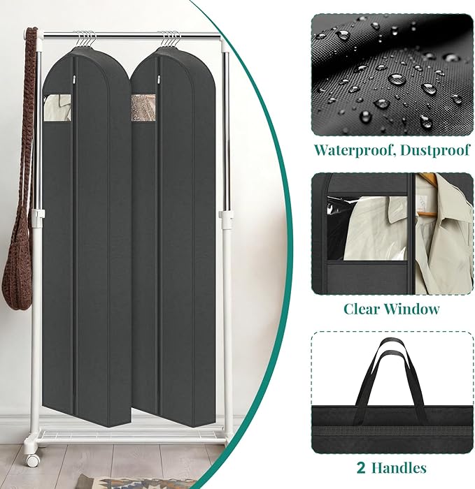 LANDNEOO 65" Long Garment Bags for Travel, Dress Bags for Hanging Clothes, Wedding Dress Cover for Women, Closet Storage for Gowns, Coats, Black, 4 Pack