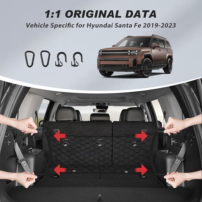 Karltys Cargo Net for 2019-2023 Hyundai Santa Fe Envelope Style, Highly Elastic Rear Trunk Cargo Net for Santa Fe Accessories Double Layer Nylon Mesh Netting with Metal Hooks