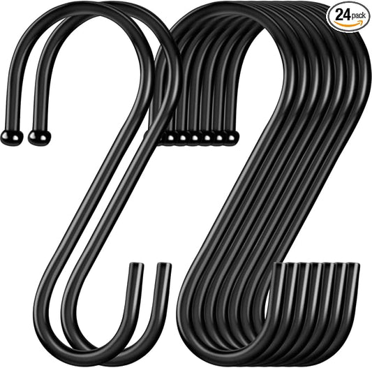 ESFUN 24 Pack S Hooks, 3.5 Inch Heavy Duty S Hooks for Hanging Plant, Large Closet Rod Hooks for Jeans Bags, Black Metal S Shaped Hook for Plant Basket, Pots Pans Wire Shelf Rack, Utensils, Towels