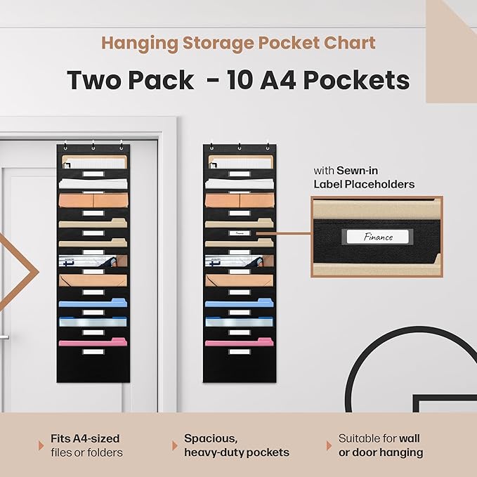 Hippo Creation Storage Pocket Chart for Classroom, 10 Pocket Storage Organizer with 6 Over-Door Hangers, Hanging Wall Organizer for File Folders, School Mailbox, Home Office Papers - Black, 2 Pack