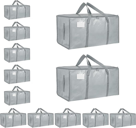 12 Pack-Extra Large Heavy Duty Moving Bags - Waterproof Storage Totes with Handles & Zippers, Foldable for College Dorm, Storage (light gray)